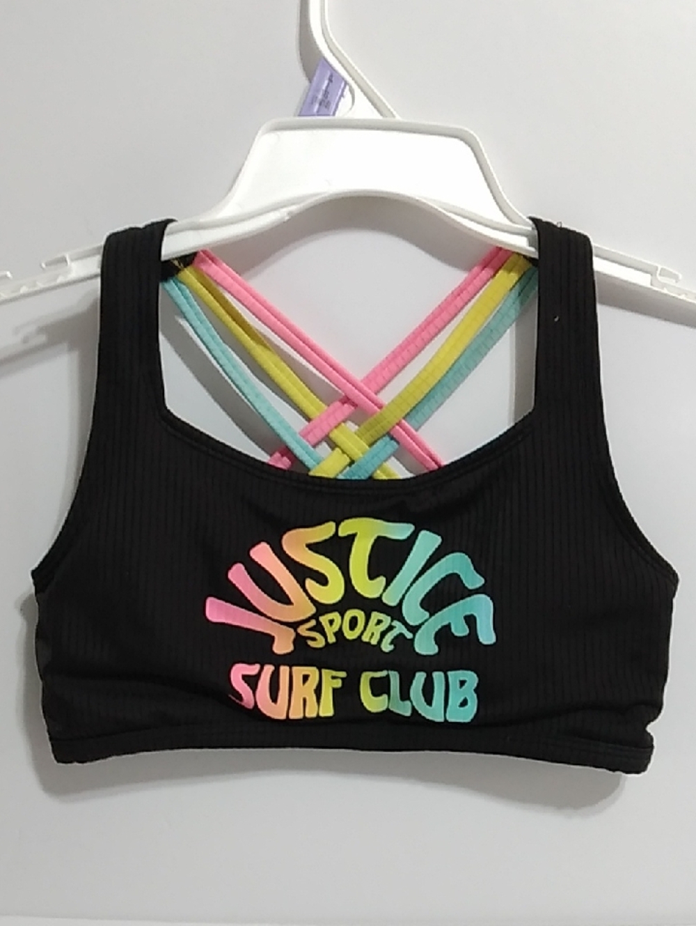Justice Black Crop Sports Bra with Pink, Yellow, Mint, Teal Straps M (10) Girl